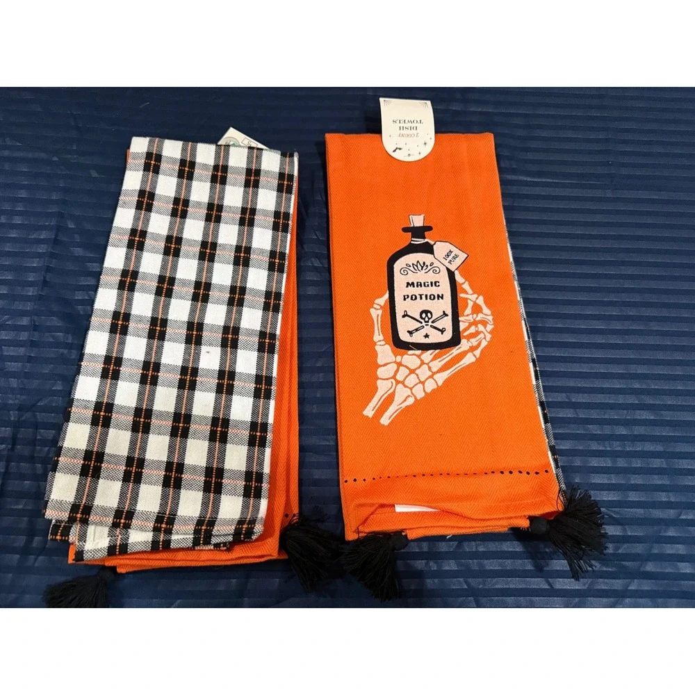 Halloween Dish Towels 2 Count Orange Magic Potion Skeleton Hand Plaid Tassels